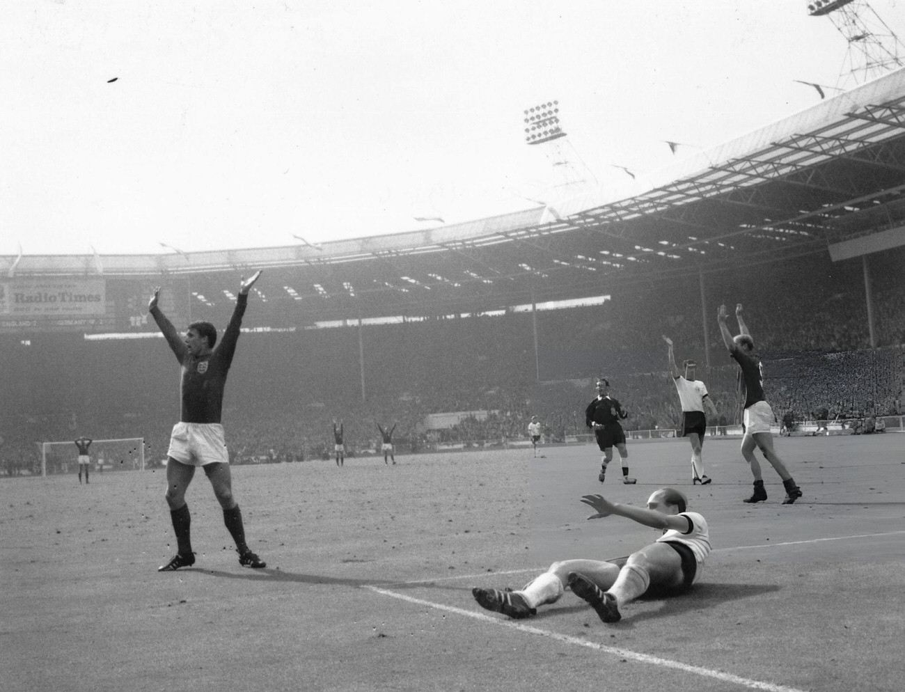 Geoff Hurst scores a goal for England during the World Cup Final match, 1966.