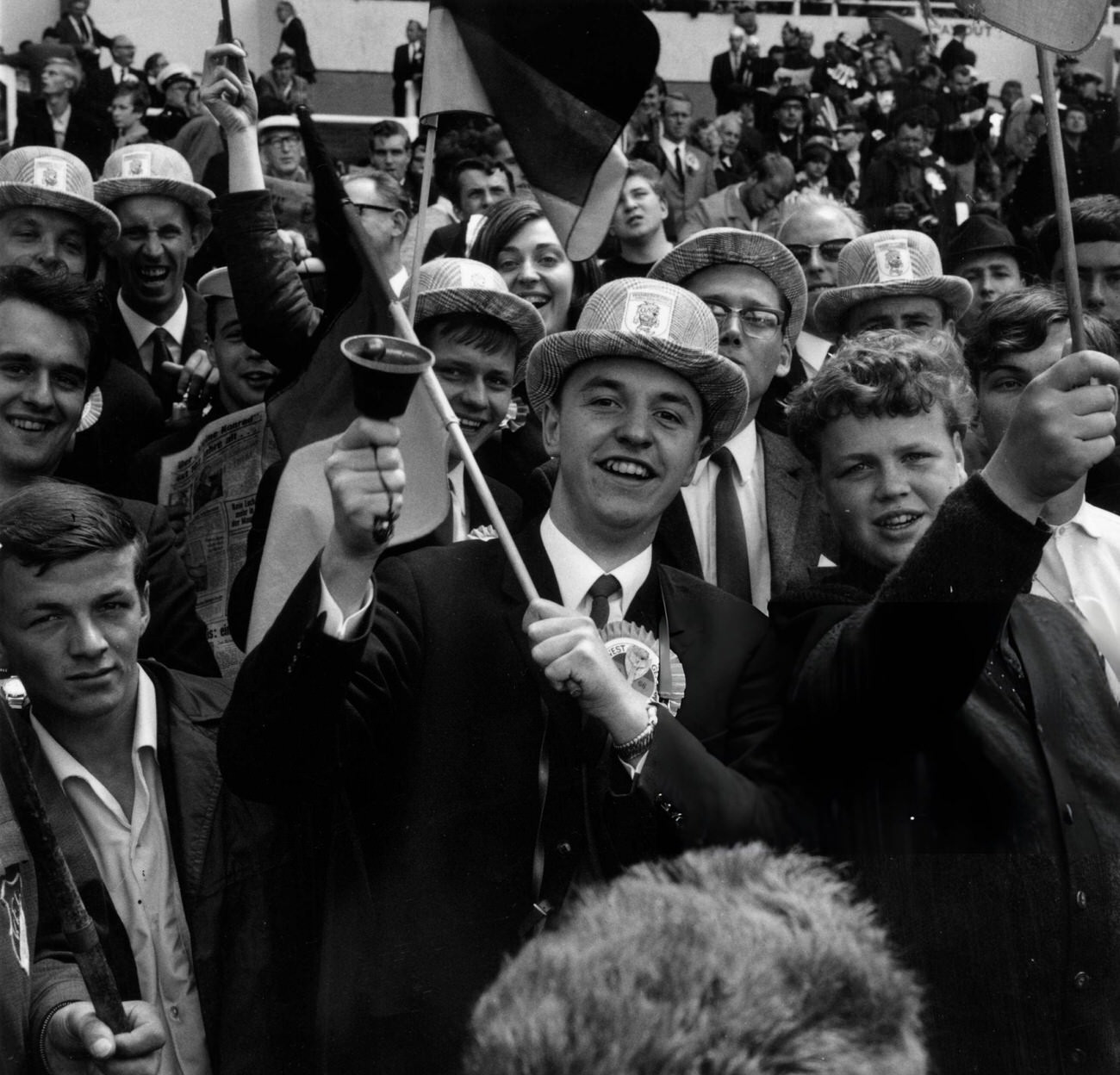 German football fans at Wembley Stadium, London, for the World Cup Final, 1966.