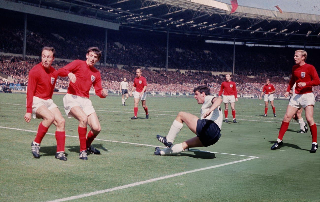 A West German forward shoots from inside the England goal area during the World Cup Final, 1966.