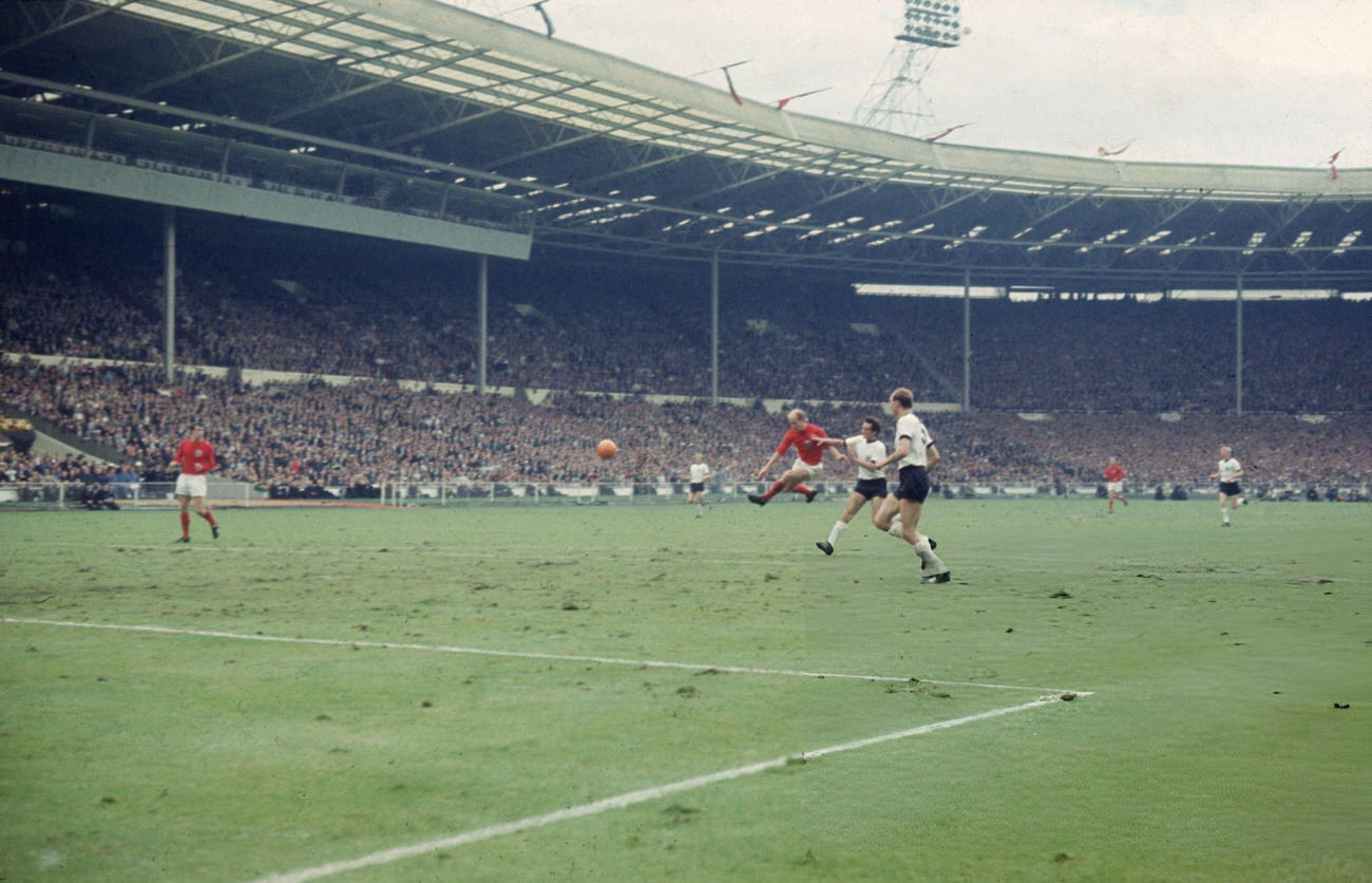 Bobby Charlton volleys the ball during the World Cup Final, 1966.