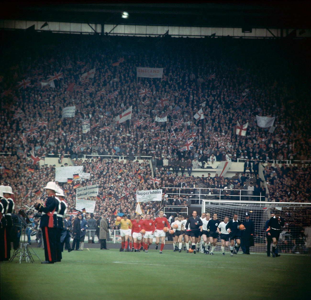 The teams arrive on the pitch at Wembley Stadium, for the 1966 World Cup Final match, 1966.