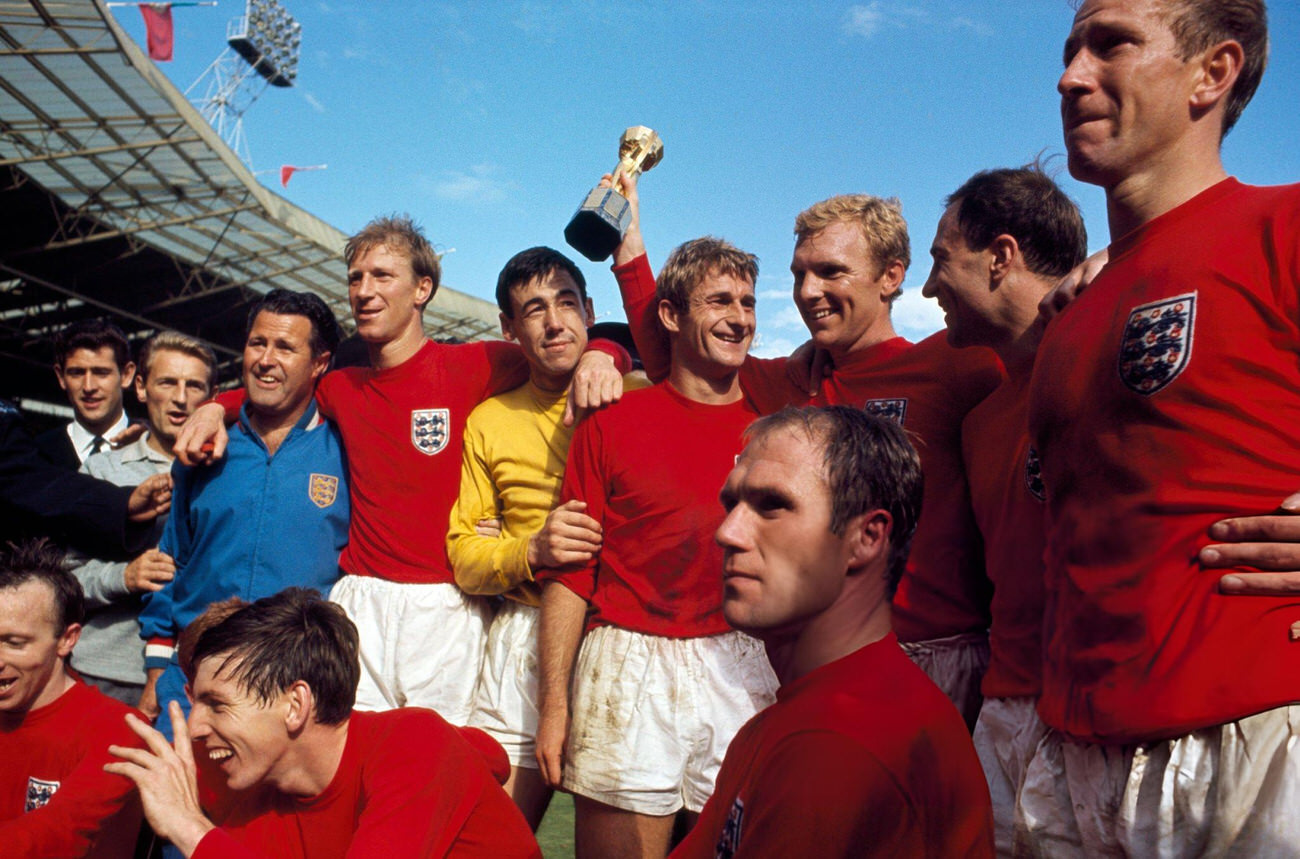 The victorious England team celebrate with the Jules Rimet Trophy, 1966.