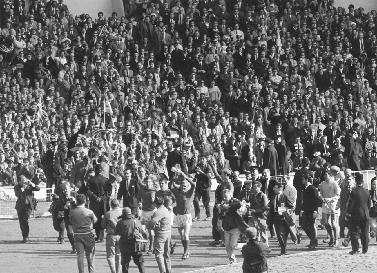 The England team meets the crowds after winning the 1966 World Cup Final, 1966.