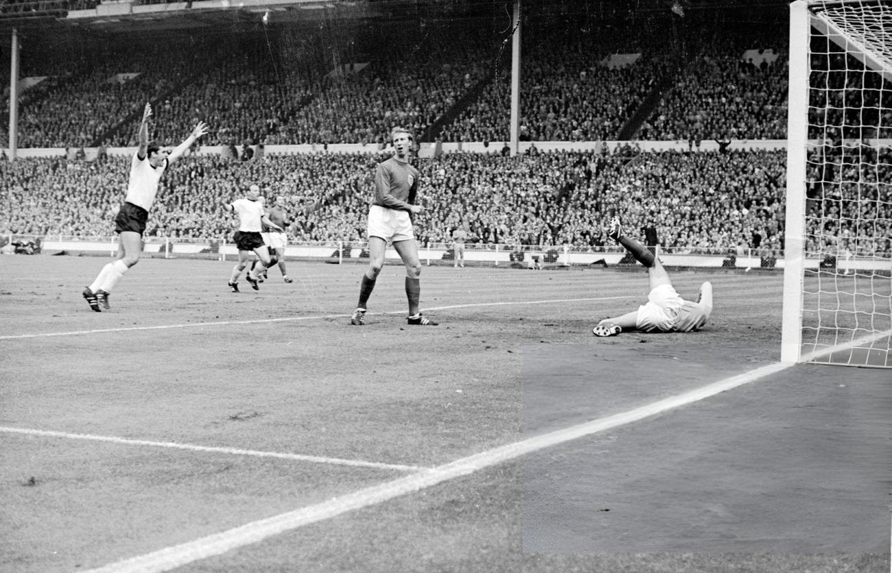 German footballer Haller scores the first goal for West Germany during the World Cup Final, 1966.