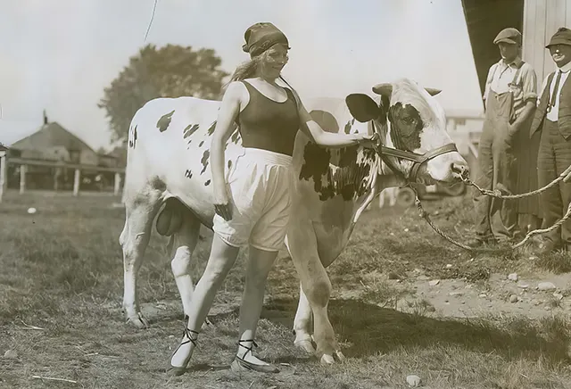 A girl with a cow on the farm.