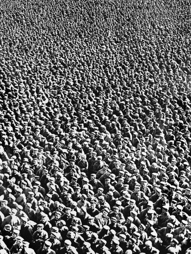 Massed German prisoners of war at a clearing station after the successful Allied offensive near Amiens in Northern France, which began on the 8th August 1918. General Ludendorff described it as ‘The Black Day of the German Army’