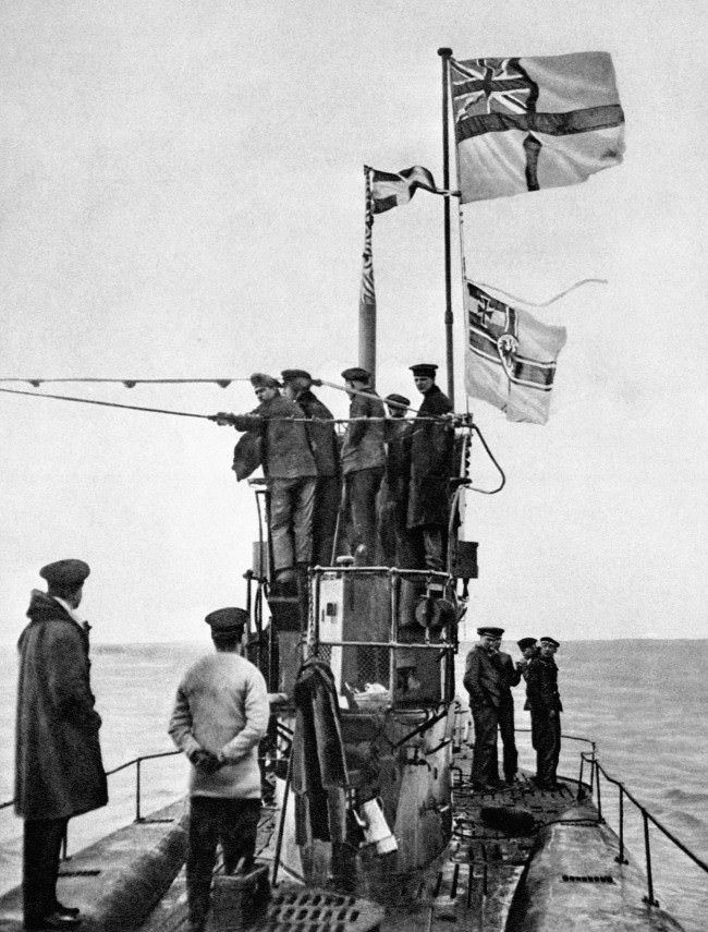 A view of the surrender of the German submarine U-48 to the Royal Navy at the Essex port of Harwich.