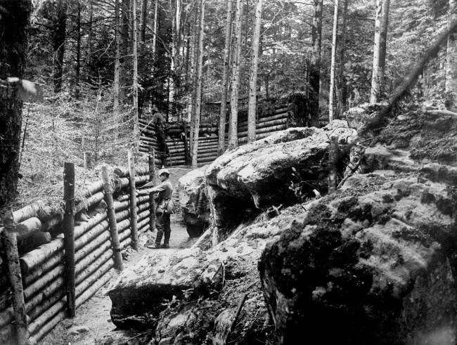 German soldiers man trenches in the Vosges region of France, 1915.