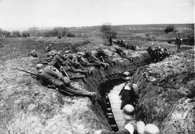 This general view shows German shock troops about to advance at the western front during World War I.