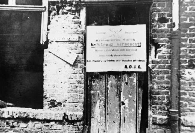 The gas war starts: German notices are posted up by German troops who fought at Armentiere, France in an undated photo, warning their comrades not to enter any houses or dug outs nor to drink the water.