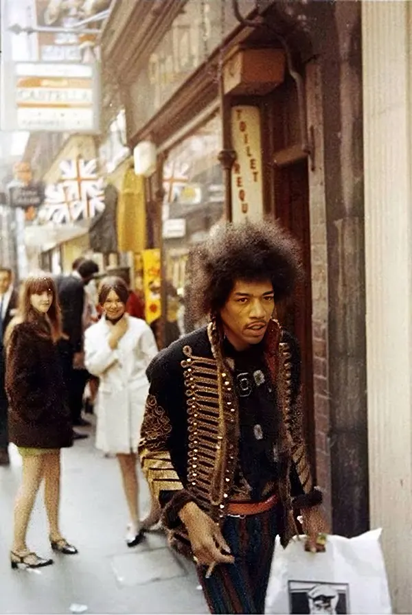 Jimi Hendrix on Carnaby Street in London, 1967.