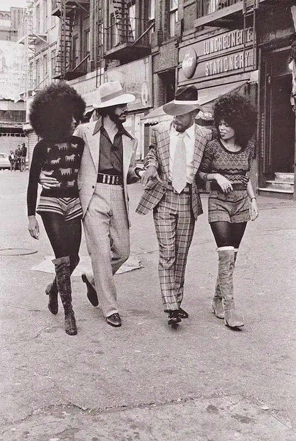 Two foxxy couples in Harlem, New York, 1970s.