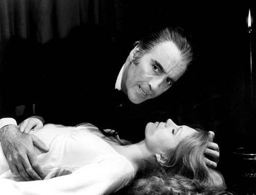 Christopher Lee as Count Dracula and Joanna Lumley as Jessica Van Helsing in ‘The Satanic Rites of Dracula’, 1970s.