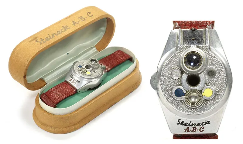 This ABC watch camera, made in 1948, features a lens in the back of the watch’s body.