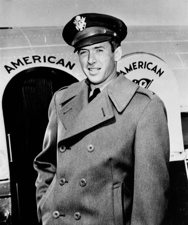 Lt. James Stewart, former film star and now in the U.S. Army Air Corps, steps from the transcontinental “Mercury” of American Airlines at LaGuardia Field, New York, after a flight from the west coast, February 20, 1942.