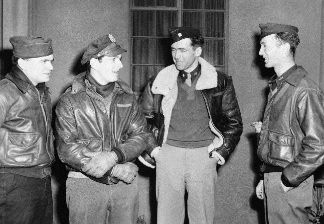 Film star Jimmy Stewart celebrates his promotion to major by leading his bomber group in a great raid on Frankfurt, Germany on Jan. 29, 1944.