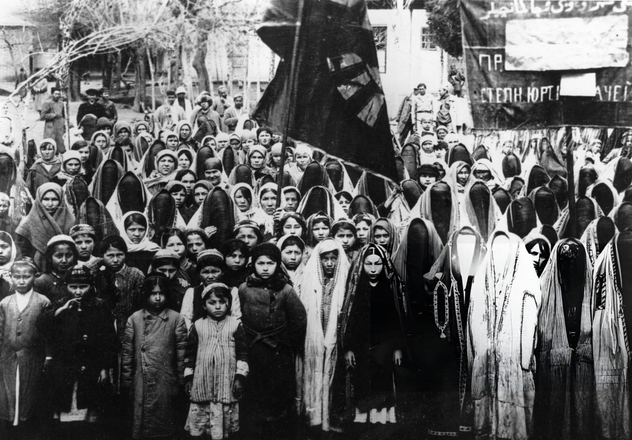 Kurdish women demonstrating in Iran near the Russian frontier, demanding equal rights for women, 1960s.