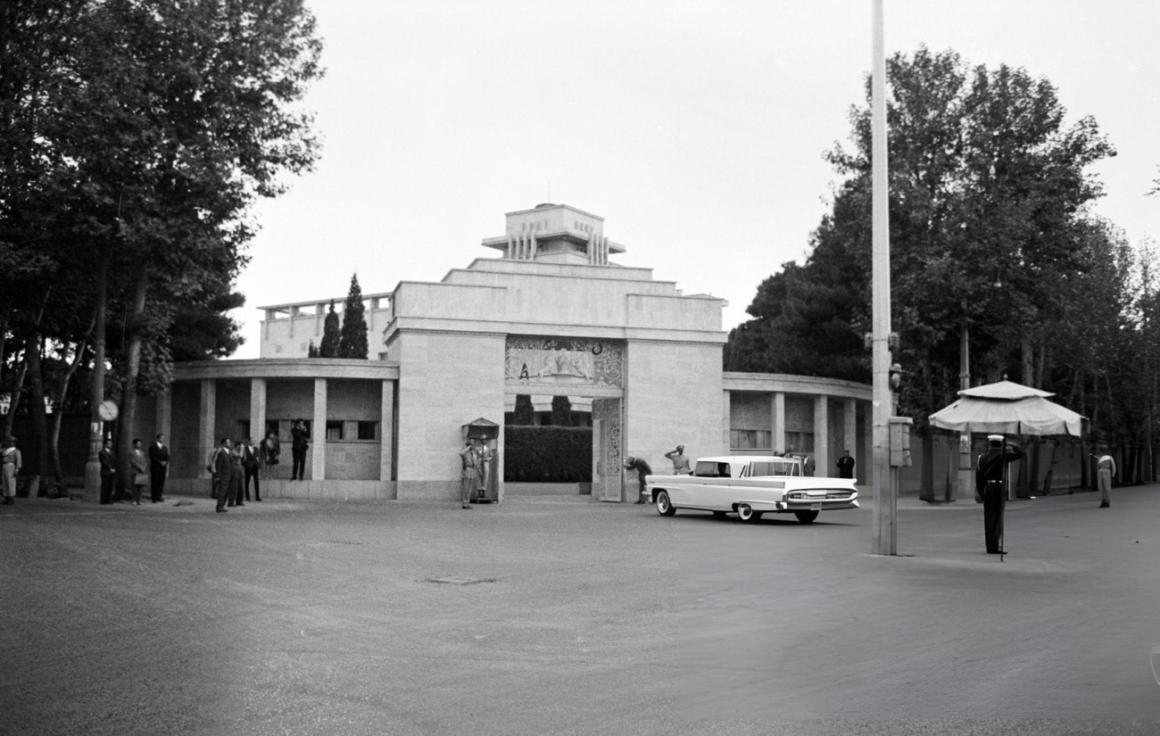 Entrance to the stadium where festivities are taking place for the 42nd birthday of Shah Mohammad Reza Pahlavi, Tehran, 1960.