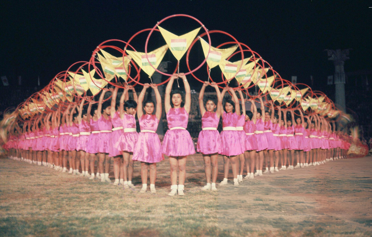 Dancers performing during the sports festival welcoming Crown Prince Akihito and Crown Princess Michiko, Tehran, 1960.