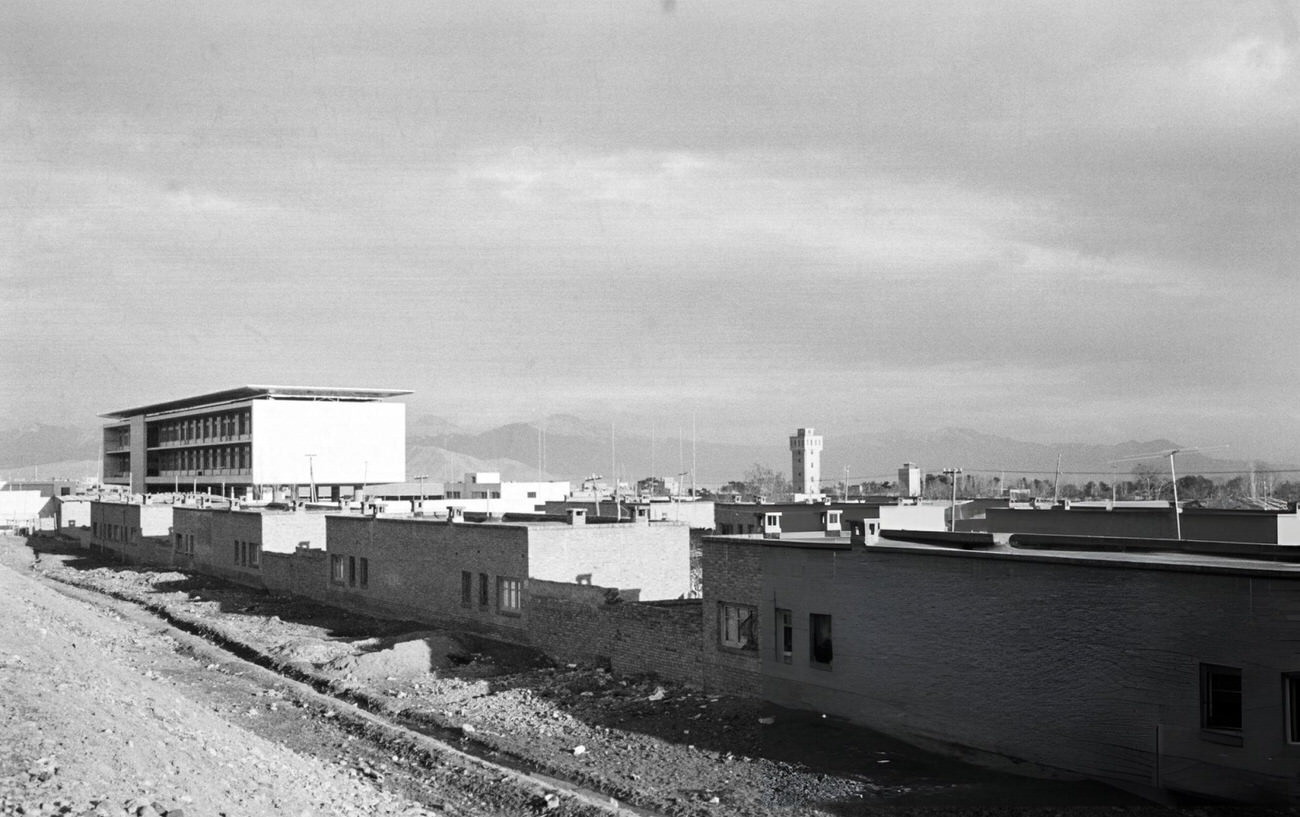 A building designed by French architect and urban planner Fernand Pouillon: the General Staff Headquarters and the Ministry of War or ING under construction, Tehran, 1961.