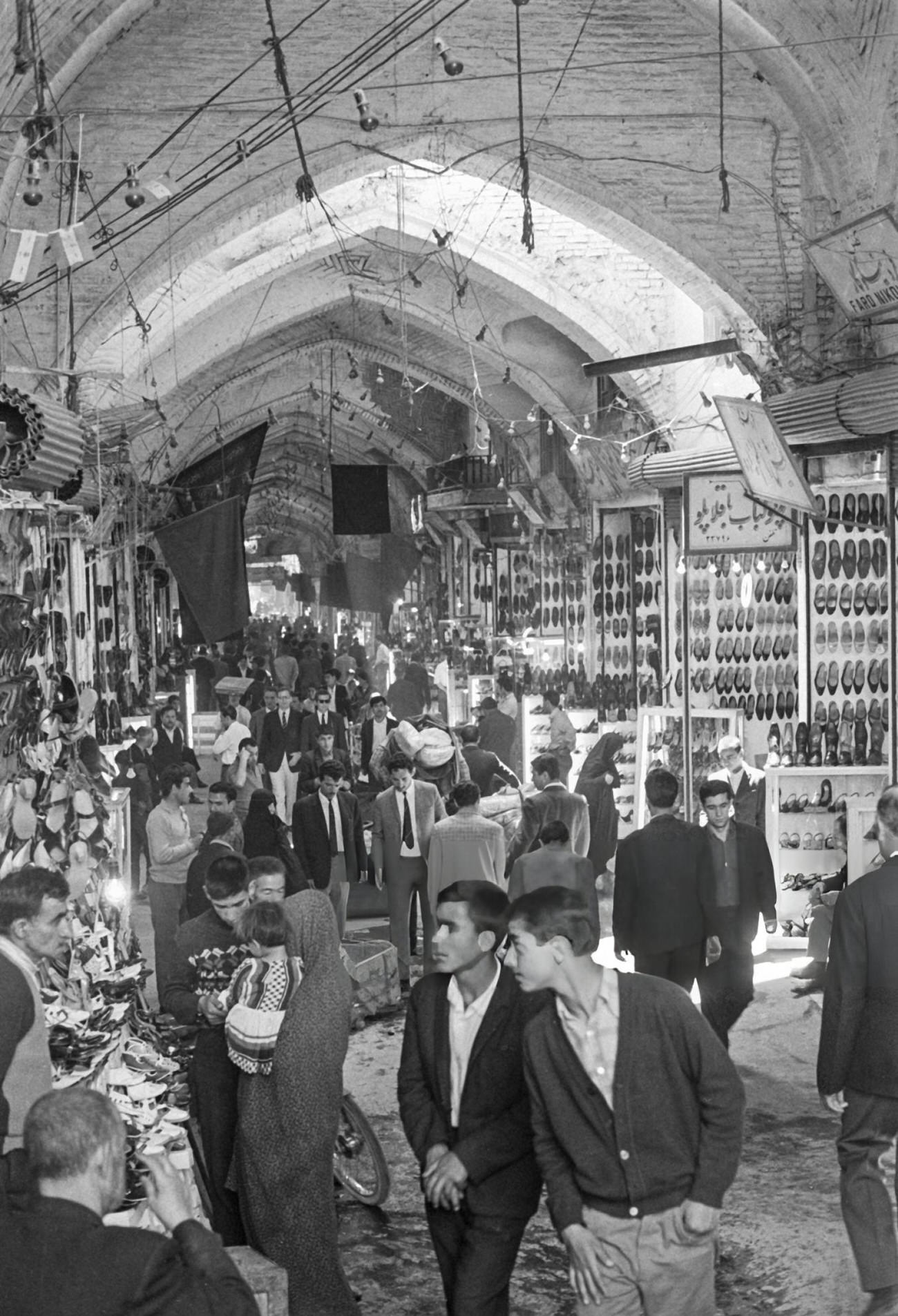 The interior of the Grand Bazaar in Tehran, Iran, 1968.