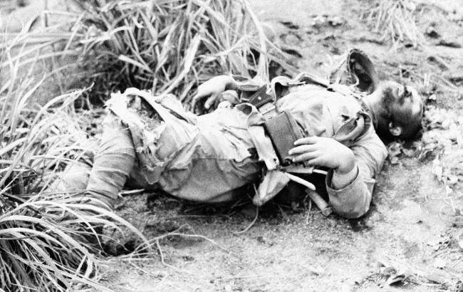 Japanese soldier is seen on Iwo Jima, Japan, edge of Motoyama Airfield No. 1, 1945.