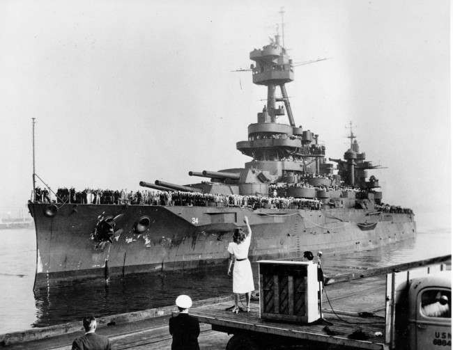 The battleship USS New York, veteran of the Okinawa and Iwo Jima campaigns, returns with World War II veterans at San Pedro, Ca., 1945.