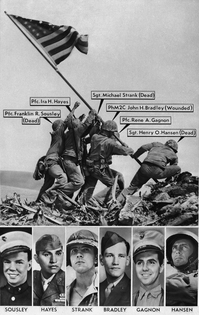 Joe Rosenthal’s Pulitzer Prize winning photo of the flag raising on Mt. Suribachi, Iwo Jima, was originally misidentified by military sources. Originally identified, from left, in this vintage graphic: Pfc. Franklin R. Sousley; Pfc. Ira Hayes; Sgt. Michael Strank; Pharmacist’s Mate 2nd Class John H. Bradley; Pfc. Rene A. Gagnon; Sgt. Henry O. Hansen. The Marine at far right was later correctly identified as Cpl. Harlon Block, not Hansen, 1945.