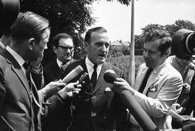 Birmingham, Alabama lawyer Arthur J. Hanes talks with members of the press outside Wandsworth Prison, London, 1968.