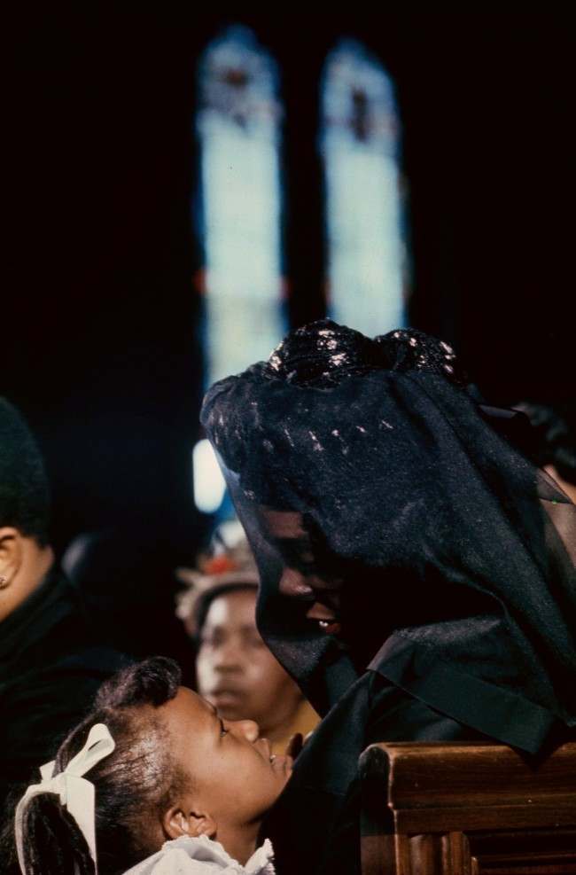 Coretta Scott King is shown with her daughter, Bernice, during the funeral of her husband, Dr. Martin Luther King Jr., at the Ebenezer Baptist Church in Atlanta, Georgia, 1968.