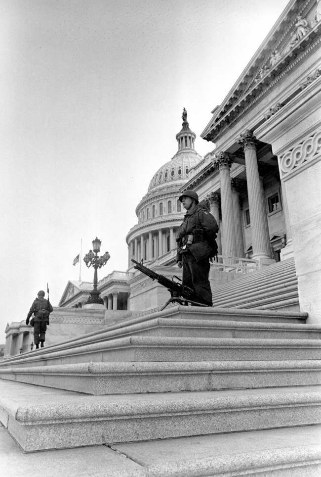 Troops stand guard on the steps of the U.S. Senate in Washington, D.C., 1968.