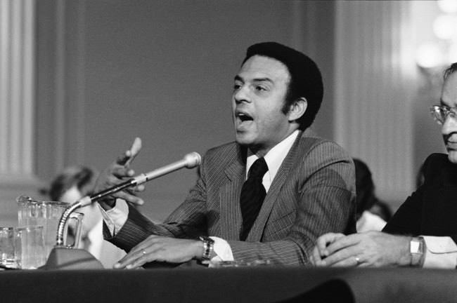 U.N. Ambassador Andrew Young appears before the House Assasinations committee, stating that he knew no evidence that the FBI was involved in the assasination of Martin Luther King, Jr., 1978.