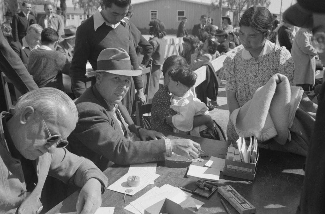 Santa Anita reception center, Los Angeles, California. The evacuation of Japanese and Japanese-Americans from West Coast areas under U.S. Army war emergency order, 1942.