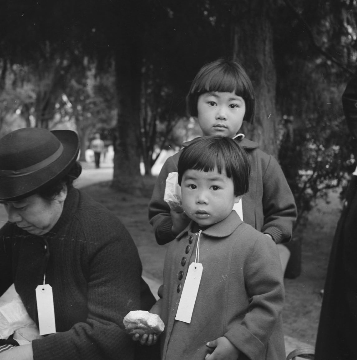 Hayward, California. Two children of the Mochida family awaiting evacuation, 1942.