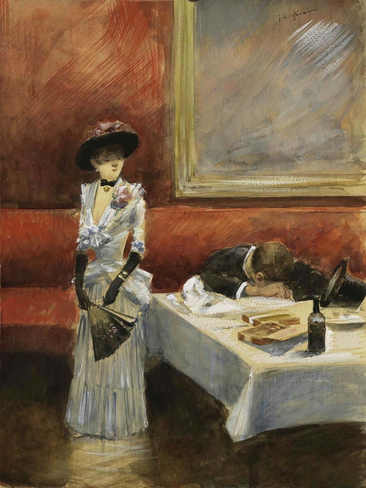 At the restaurant by Jean-Louis Forain, 1885.