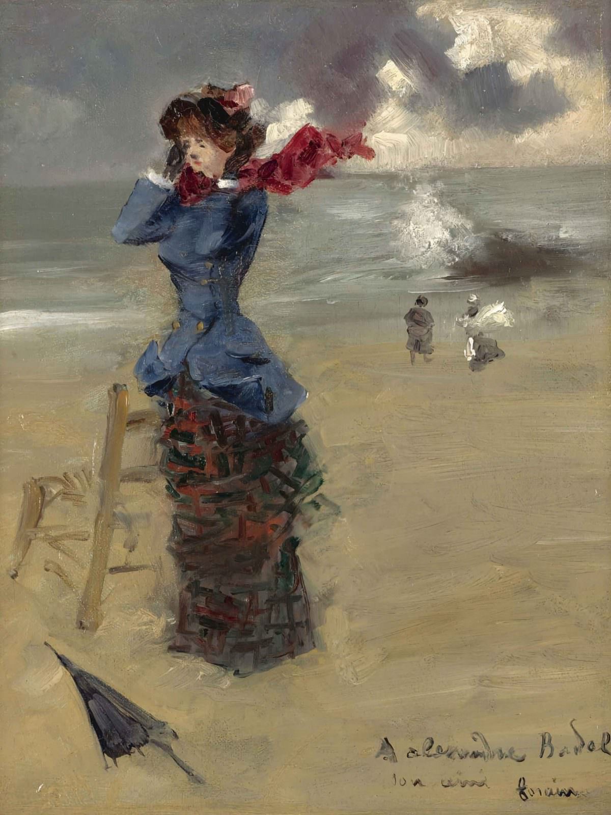 Elegant Woman at the Beach by Dans les Coulisses by Jean-Louis Forain, 1885