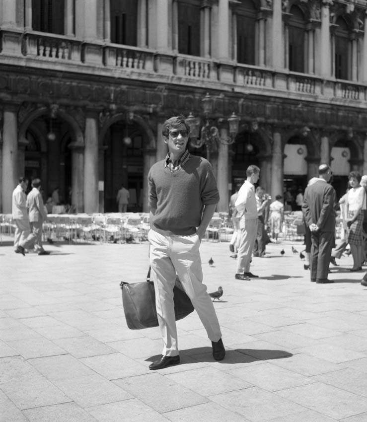 Raymond Cauchetier and Jean-Paul Belmondo on the set of 'A bout de Souffle' directed by Jean-Luc Godard, 1960.