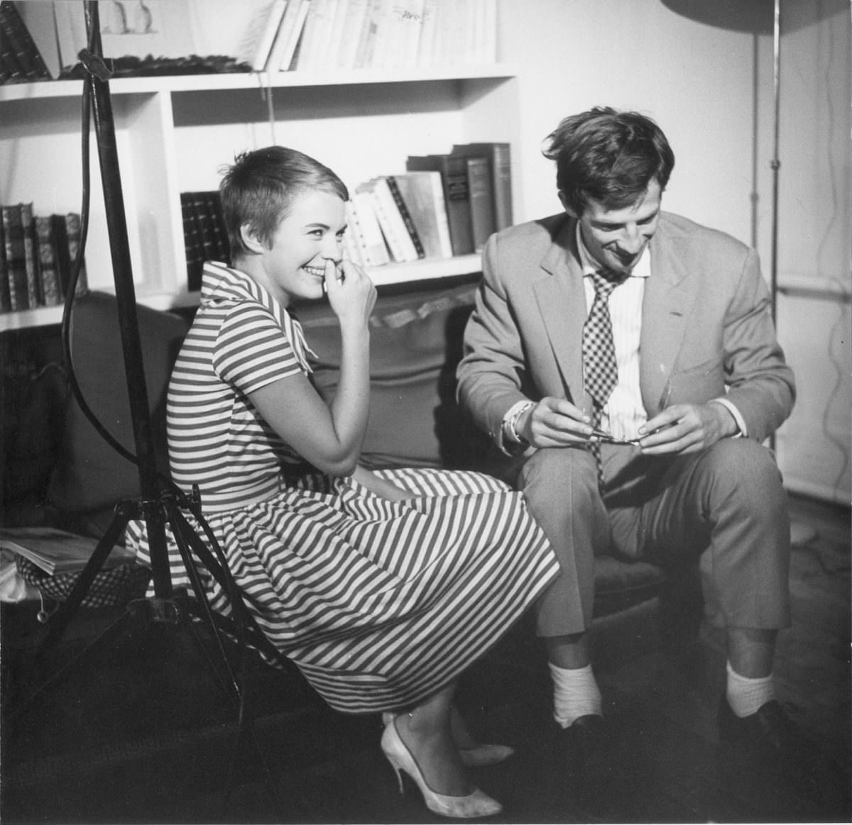 Raymond Cauchetier and Jean-Paul Belmondo on the set of 'A bout de Souffle' directed by Jean-Luc Godard, 1960.