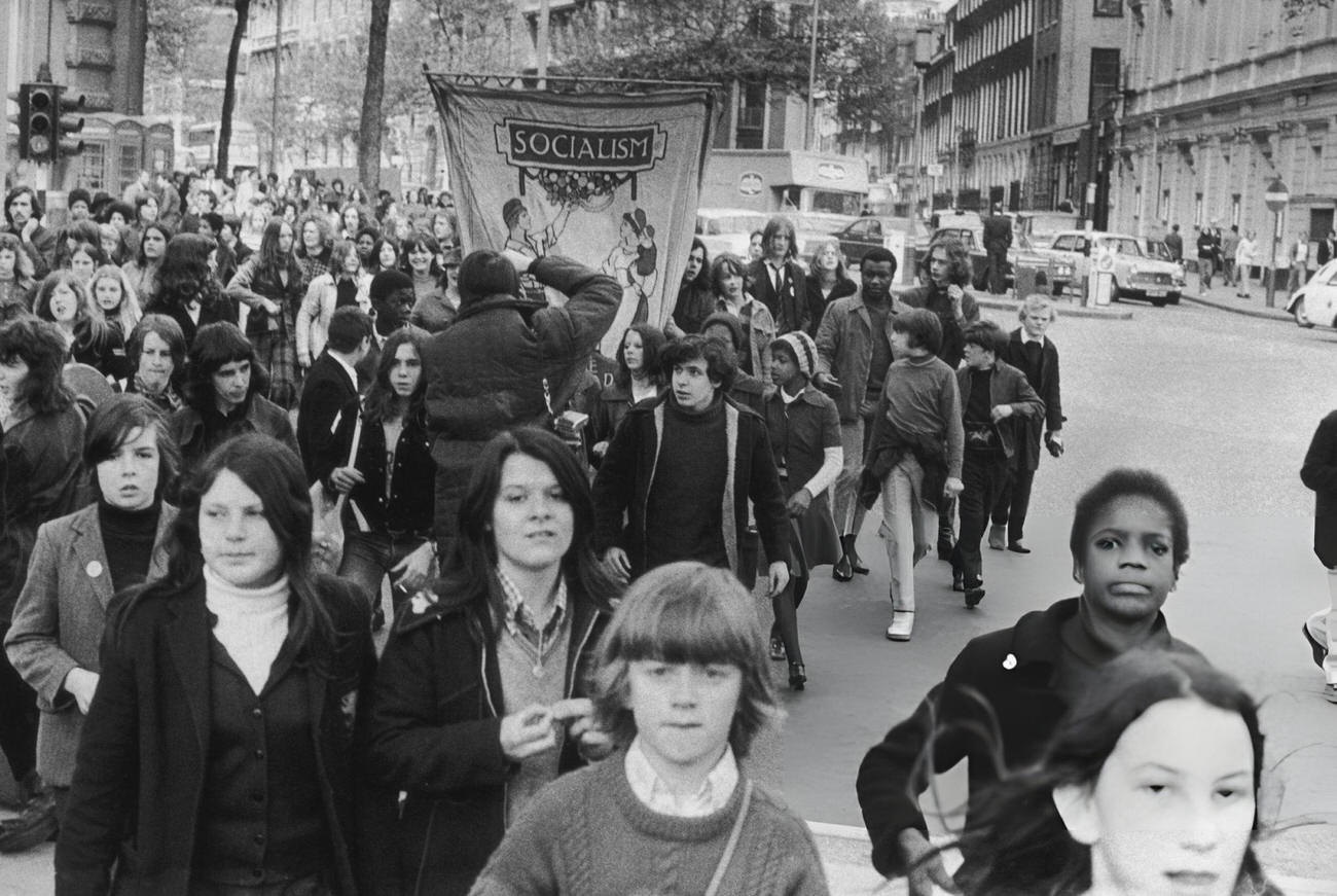 Pupils march into Trafalgar Square, London during a school strike, 1972.