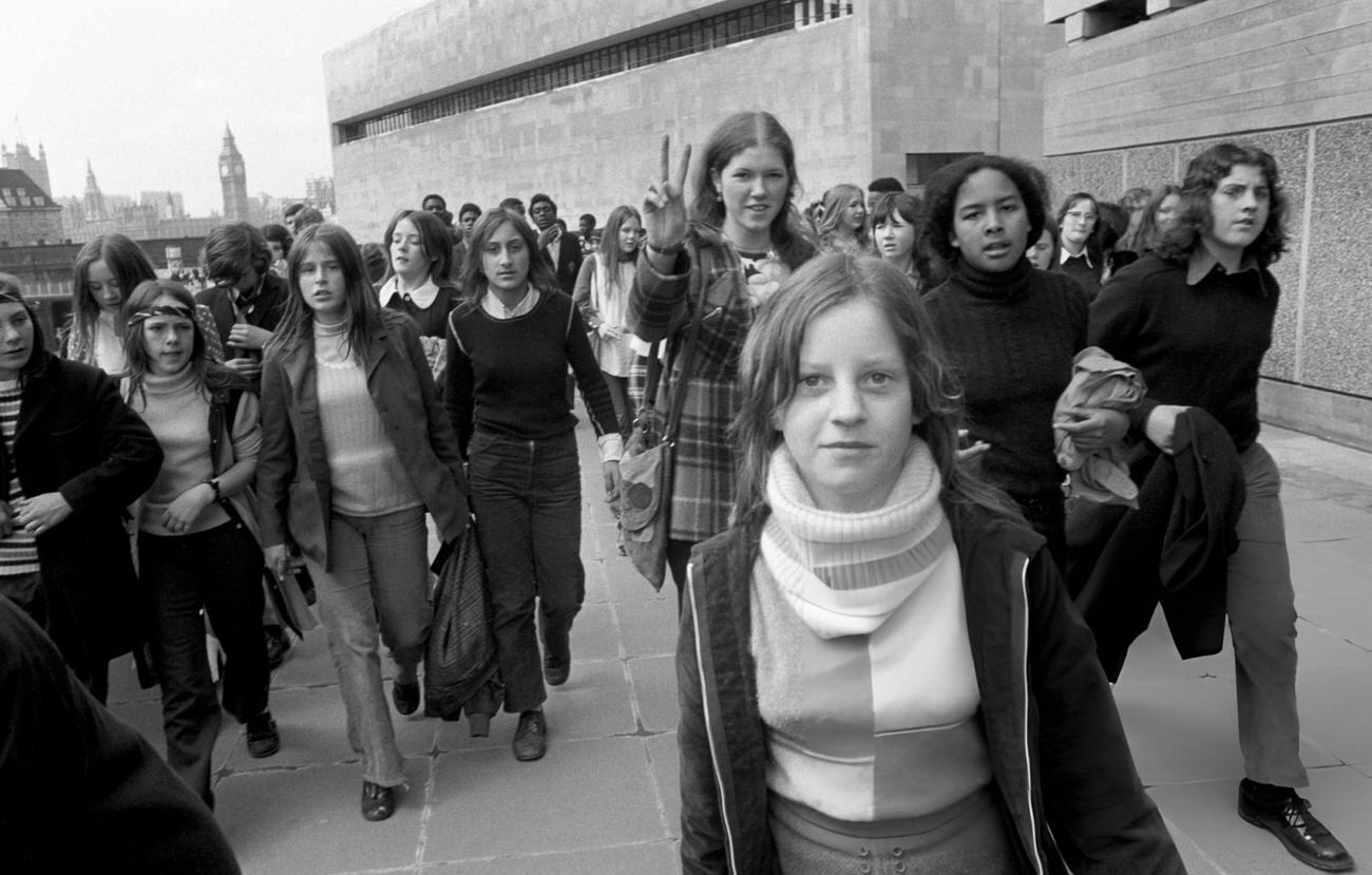 Schoolchildren taking part in a protest march on their way to the South Bank, London, 1972.