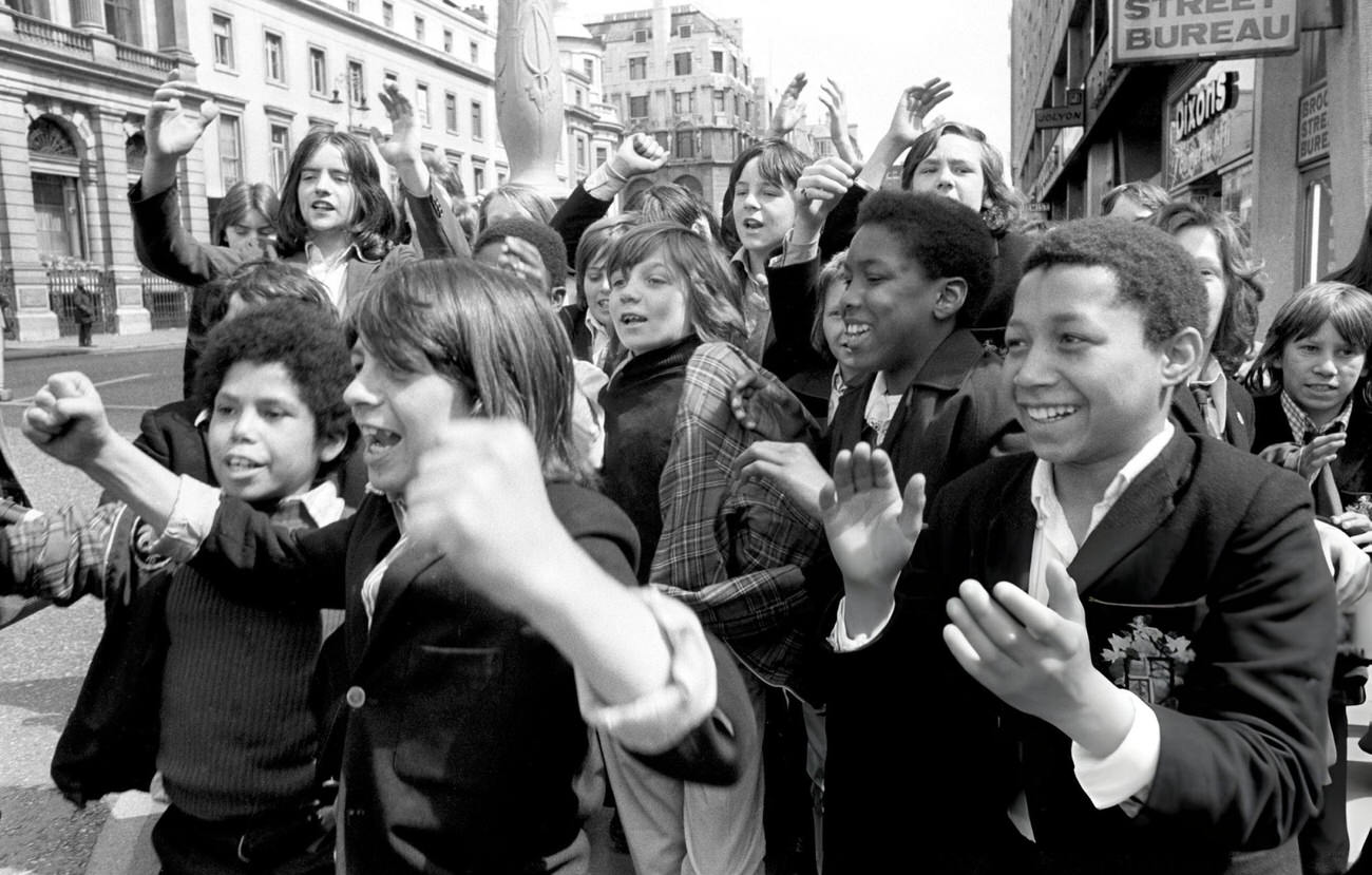 London schoolchildren at Charing Cross support a strike called by the Schools Action Union, 1972.