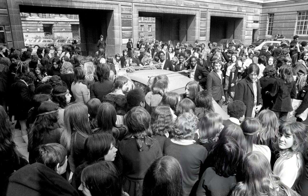 London schoolchildren take part in a mass rally at County Hall, organized by the Schools Action Union, 1972.