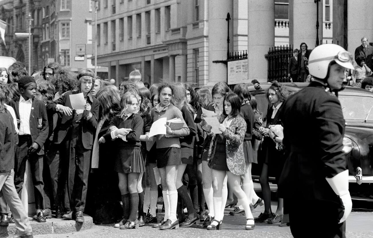 London schoolchildren attend a demonstration in Trafalgar Square, 1972.