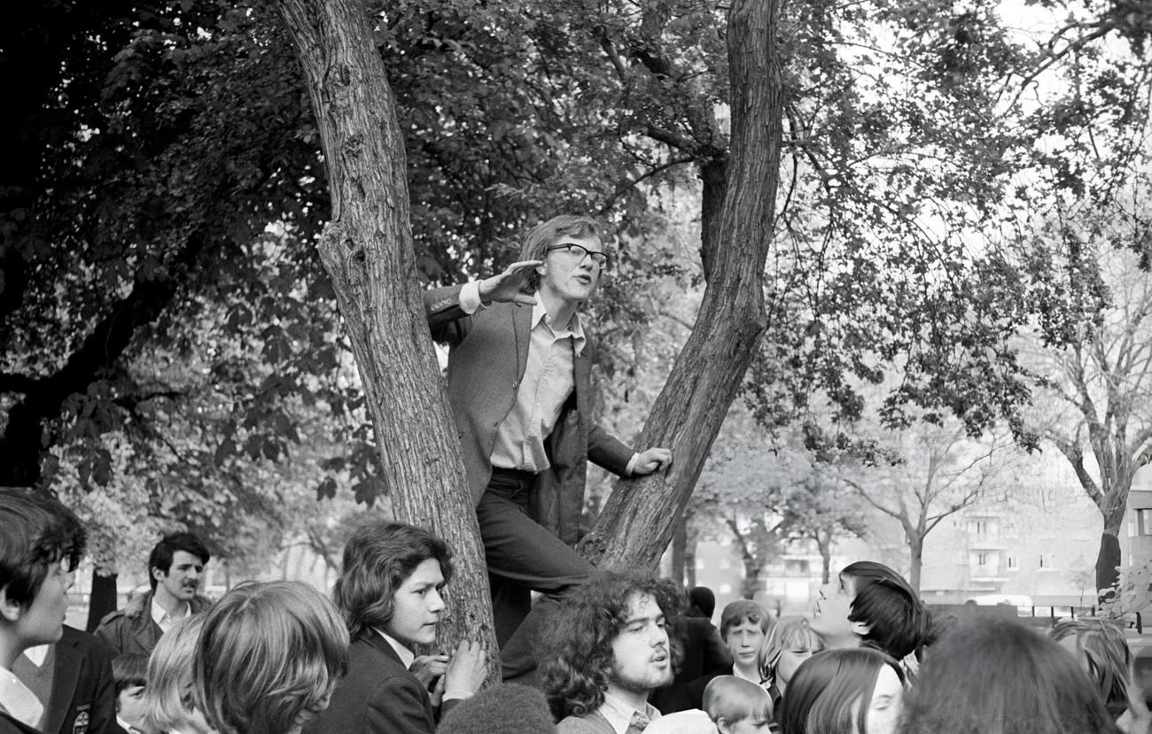 Stephen Finch, 18, leader of the West London schoolchildren's strike, talks to fellow pupils at Paddington Green, 1972.