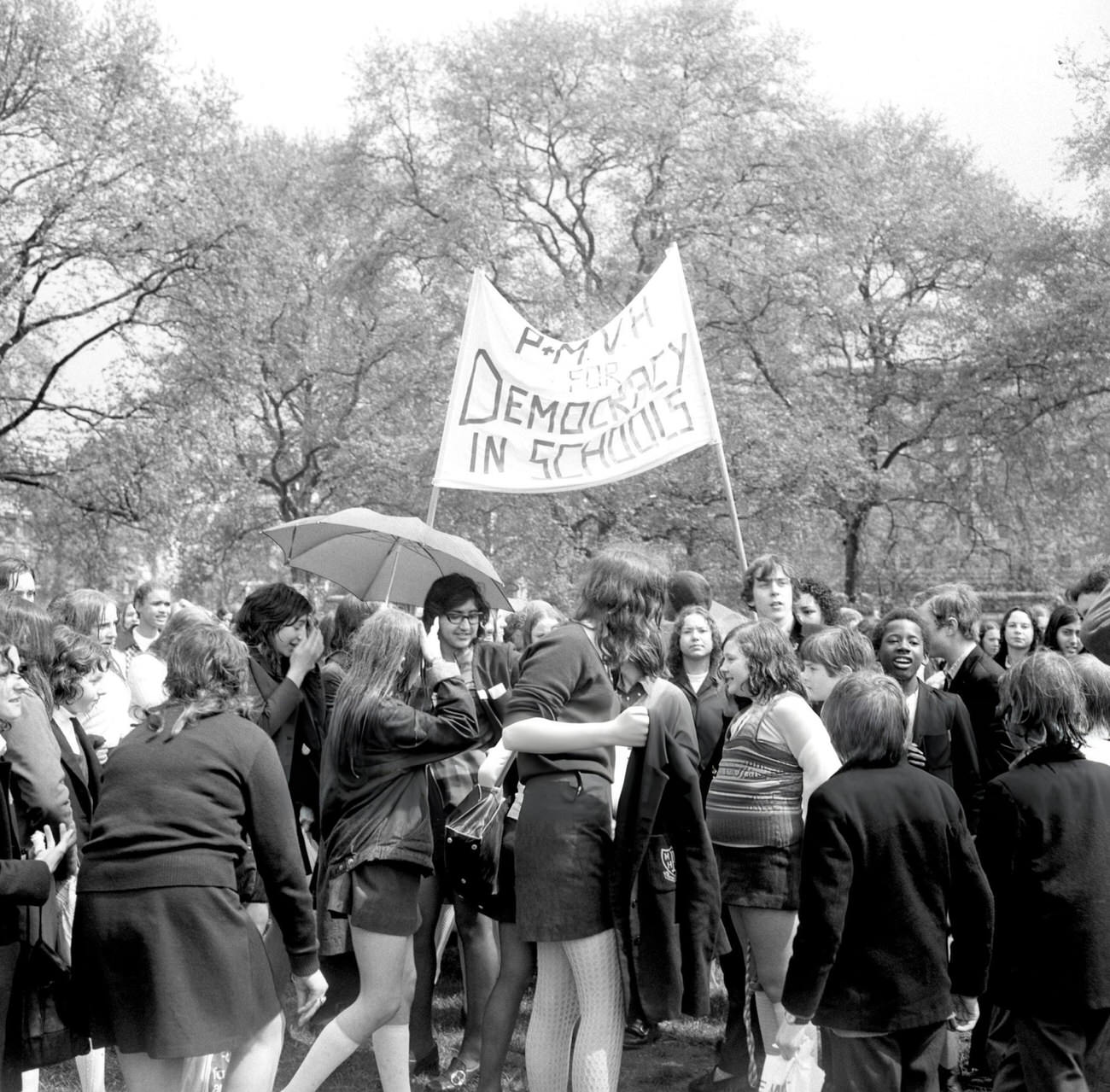 A group of schoolchildren hold a 'pupil power' demonstration at Speaker's Corner in Hyde Park, 1972.