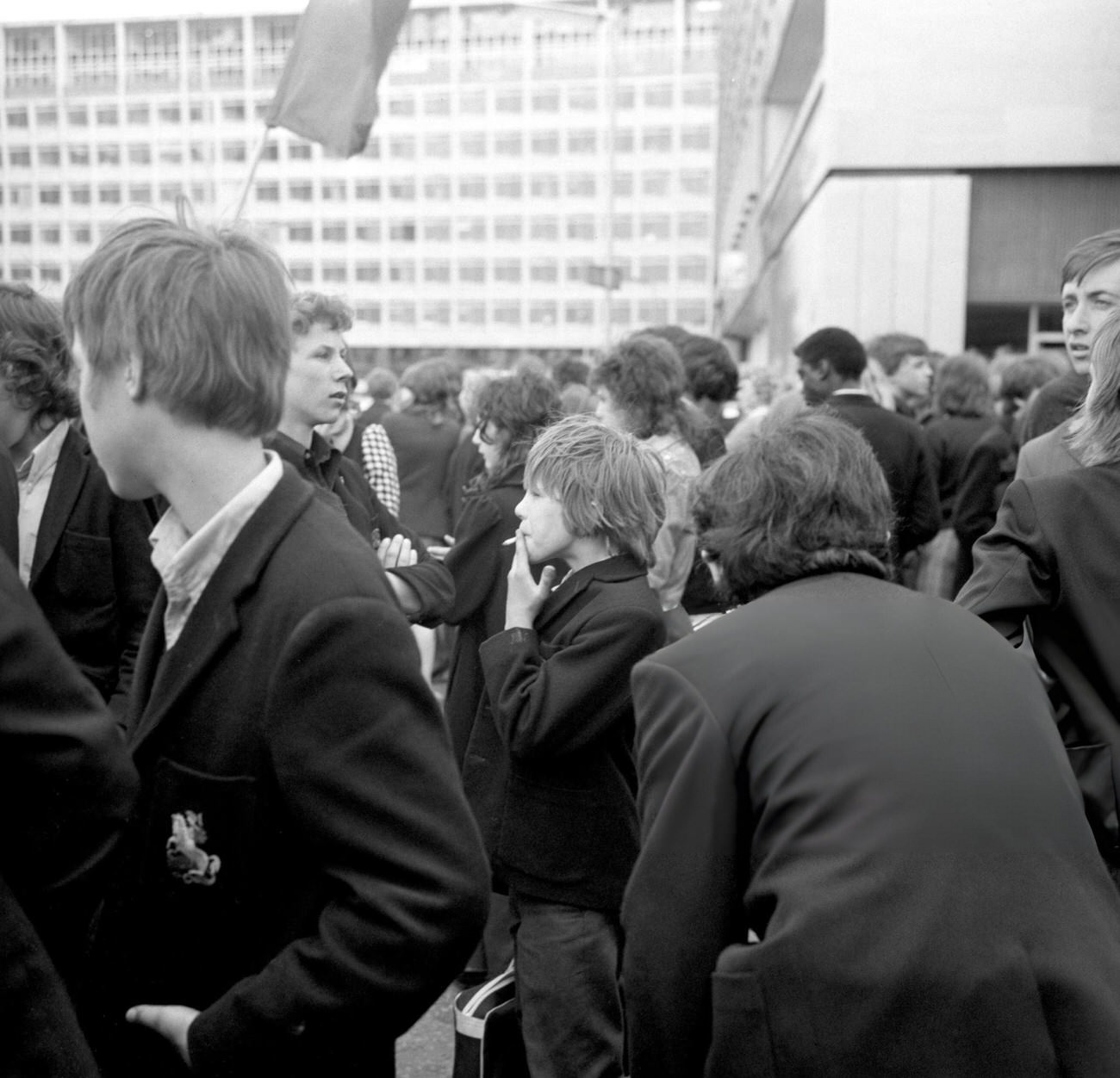 A schoolboy smokes as a 'pupil power' demonstration breaks up near County Hall following a rally in Hyde Park, 1972.