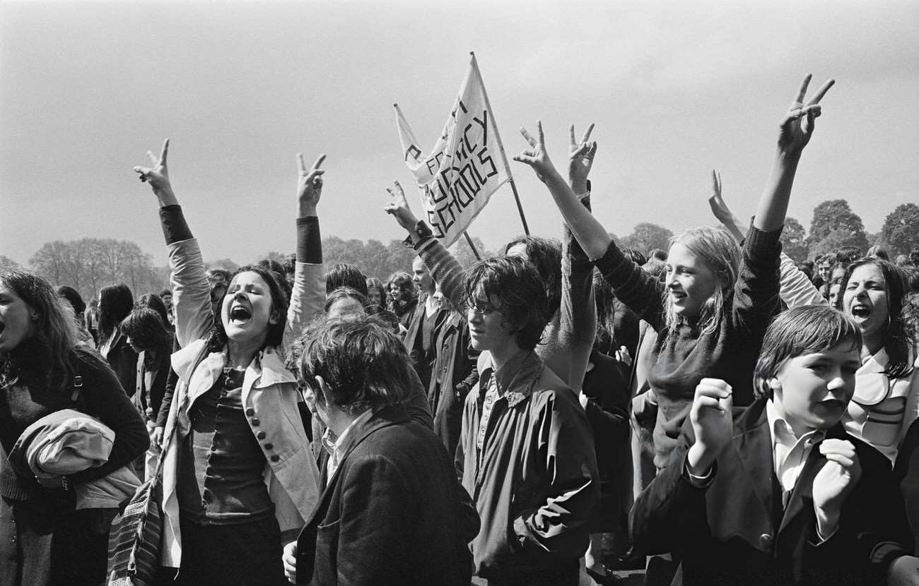 School children march to County Hall as part of a demonstration for the School Action Union against school dinners, caning, and school uniforms, London, 1972.