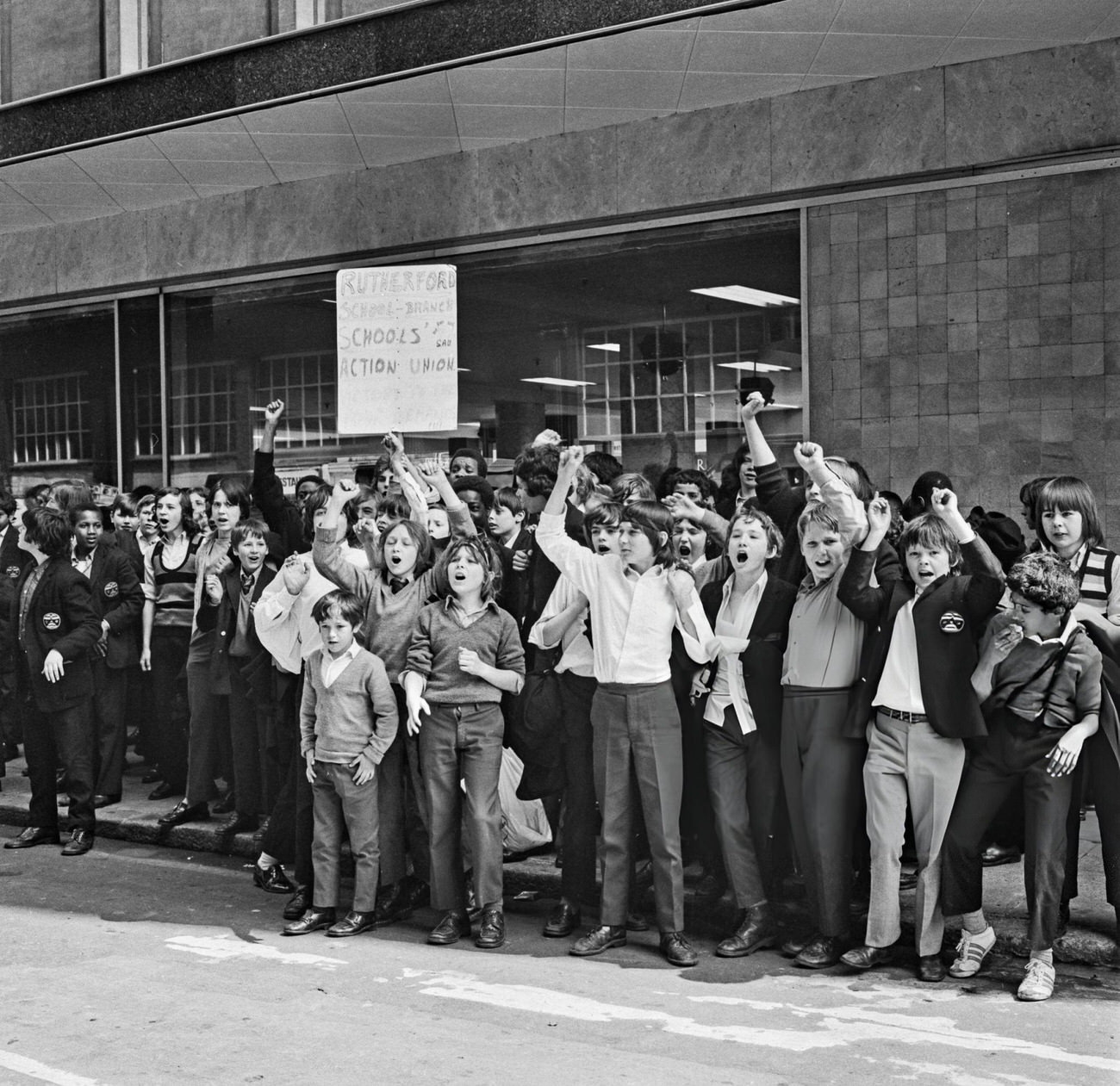 Pupils of Rutherford Comprehensive School in Marylebone, London, during a strike by schoolchildren organized by the Schools Action Union, 1972.