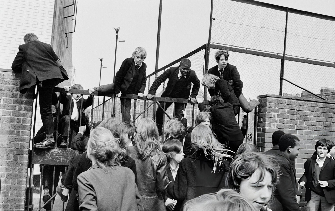 Male pupils of Rutherford School and female pupils of Sarah Siddons Comprehensive join forces to strike against caning, detention, uniforms and headmaster dictatorships, Marylebone, London, 1972.