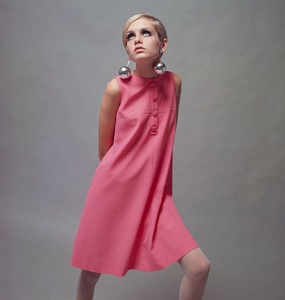 Twiggy became synonymous with Quant’s designs during the Sixties, in particular this pink a-line dress from 1966